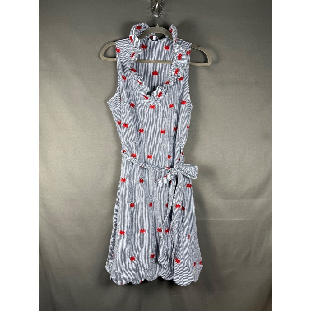 Crown & Ivy Seersucker Crab Dress Womens Large Blue White Striped Scalloped Hem